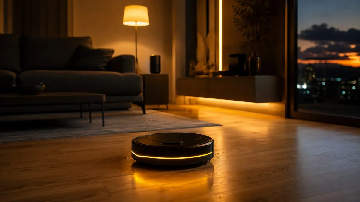Robô aspirador preto com LED amarelo limpando piso de madeira ao anoitecer